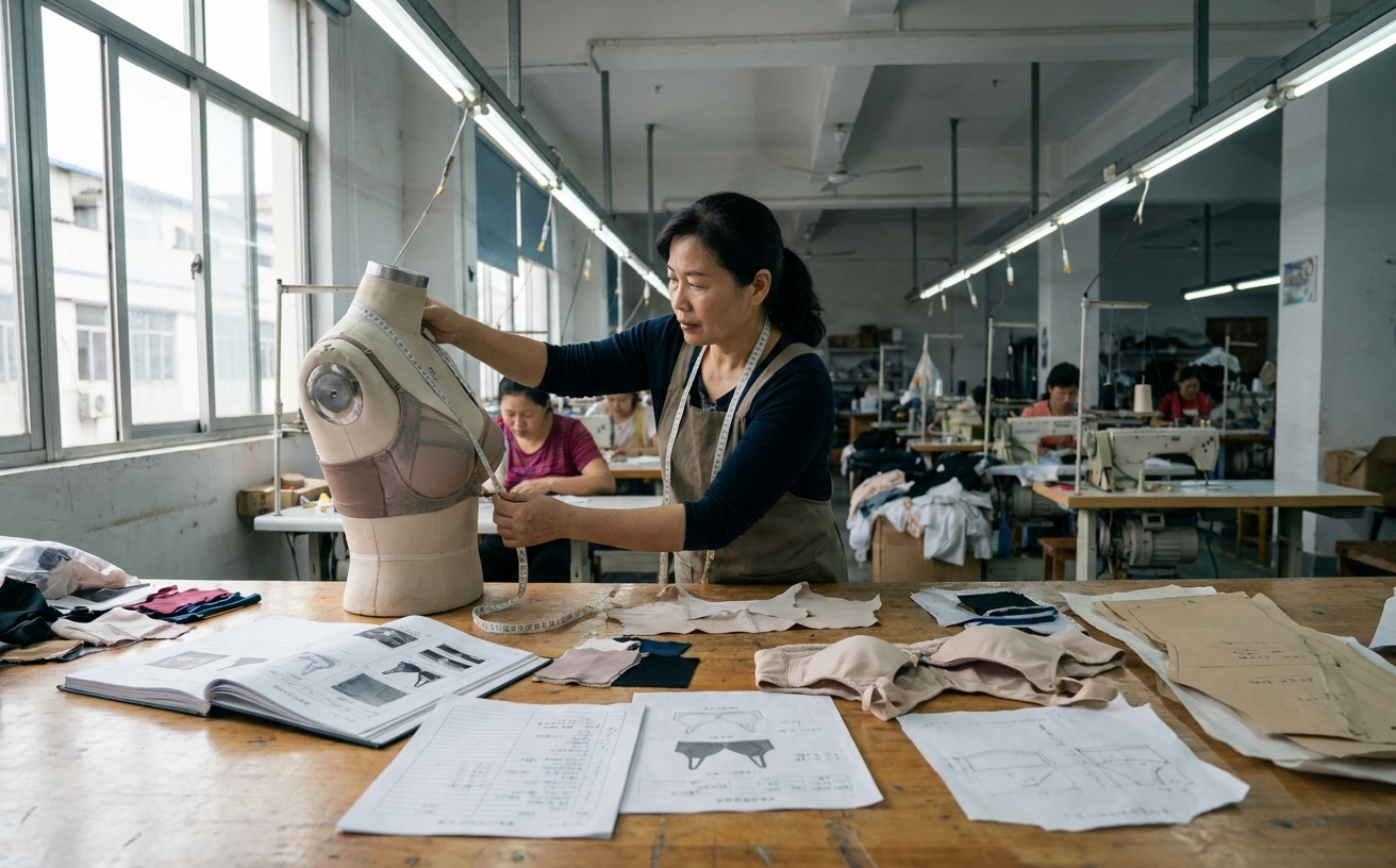 Sample development start: tech pack review, fabric swatches, and measurement tools